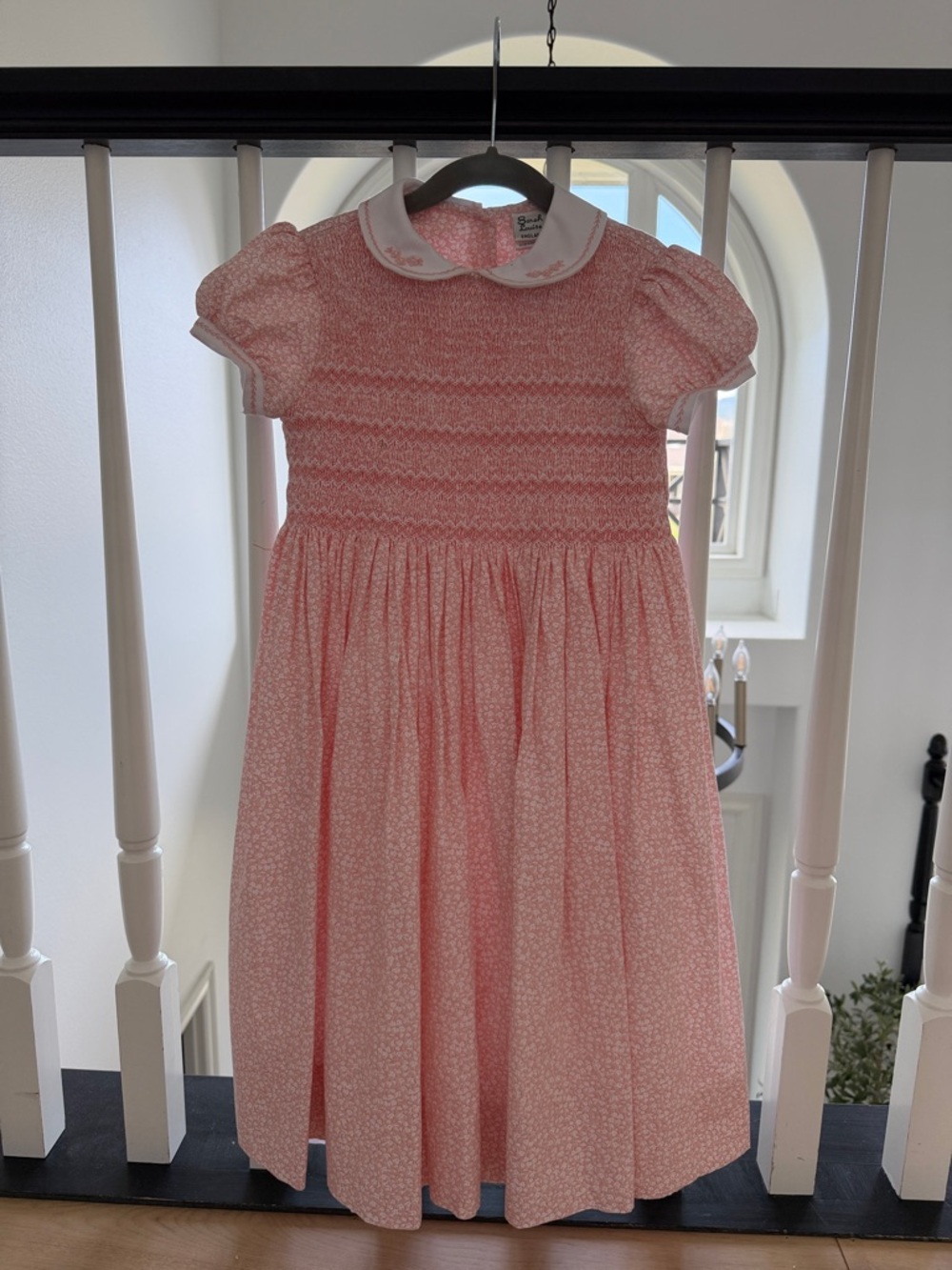 Girls' Pink Floral Smocked Dress with Peter Pan Collar